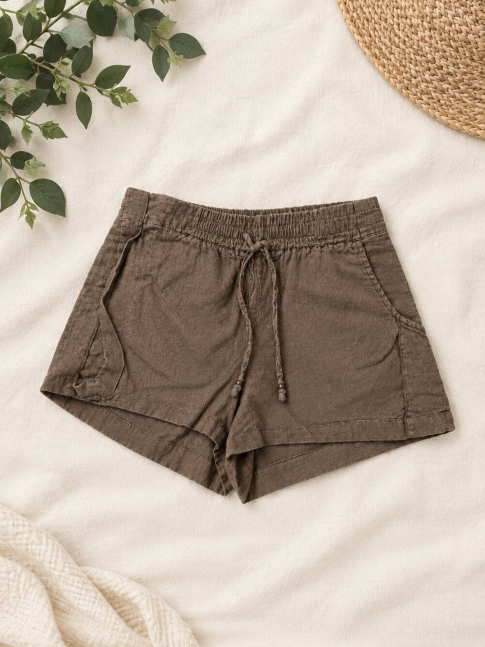 Brown Linen Blend Drawstring Shorts – Size Medium | Casual Summer Shorts